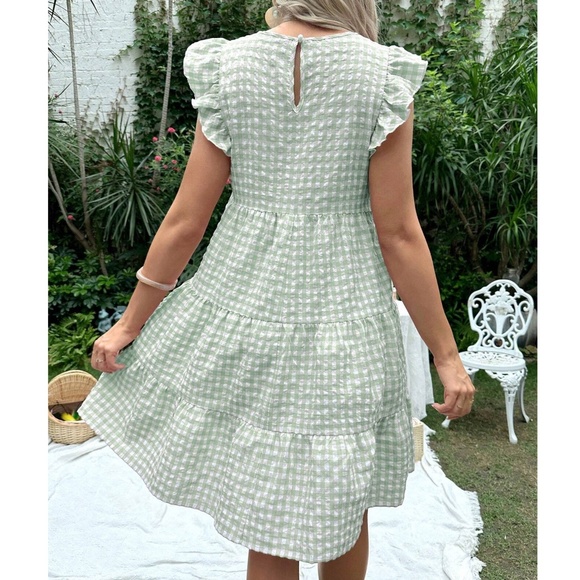 Gingham Print Ruffle Cap Sleeve Ruffle Hem Mini Dress - Picture 3 of 4